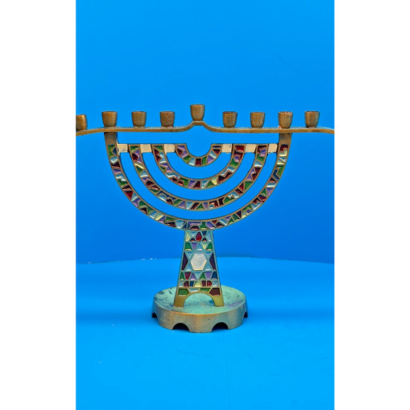 Hanukkah Menorah 9 Branch Brass Enamel Candle Holder 7" Tall Made in Israel - Picture 1 of 14
